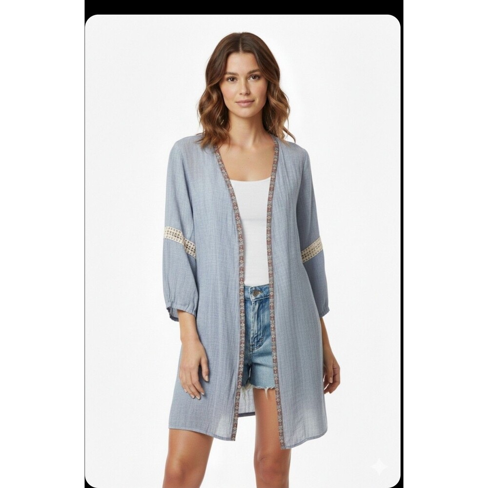 Do Everything in Love Boho Crochet Sleeve Kimono Beachwear Women One Size blue